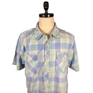 Clearwater Outfitters Men XXL Blue Yellow Plaid Cotton Short Sleeve Button Shirt